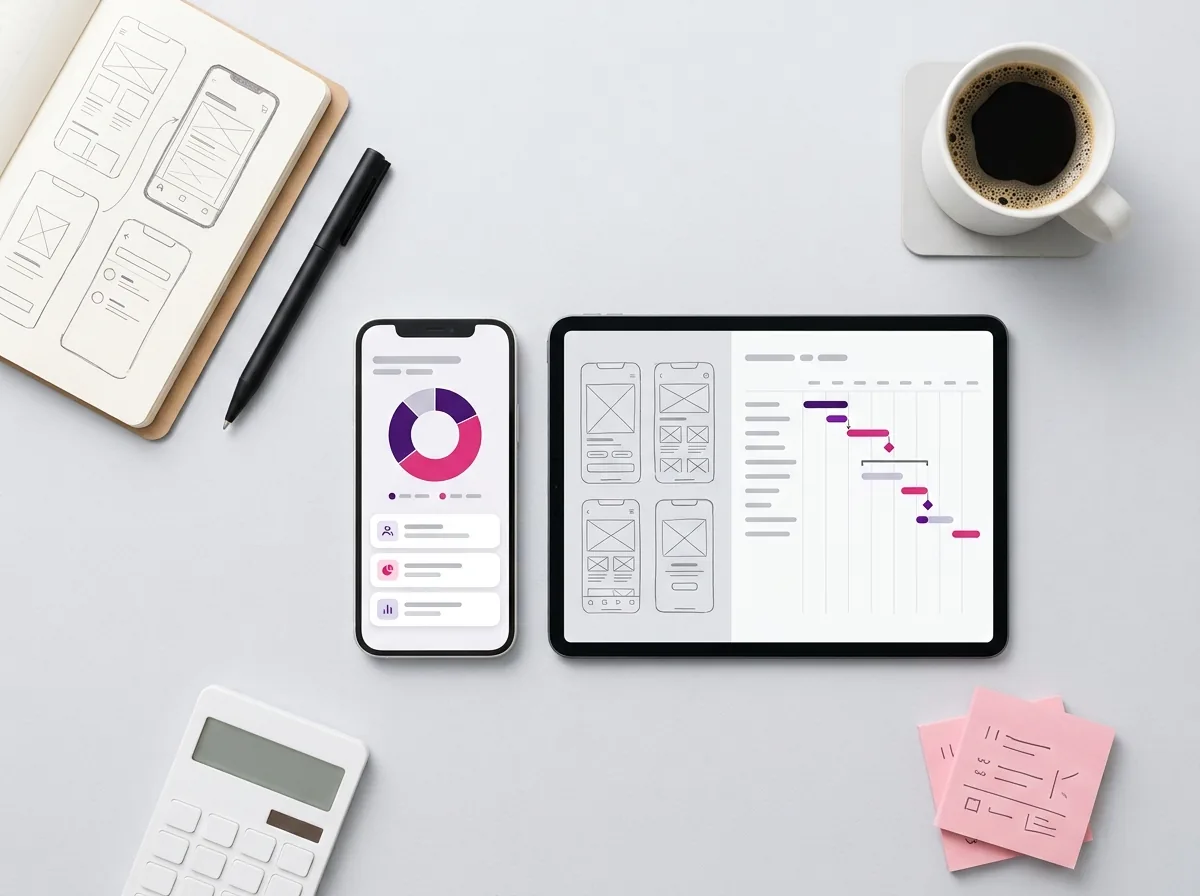 Planning mobile app development cost with a budget breakdown, wireframes and project timeline