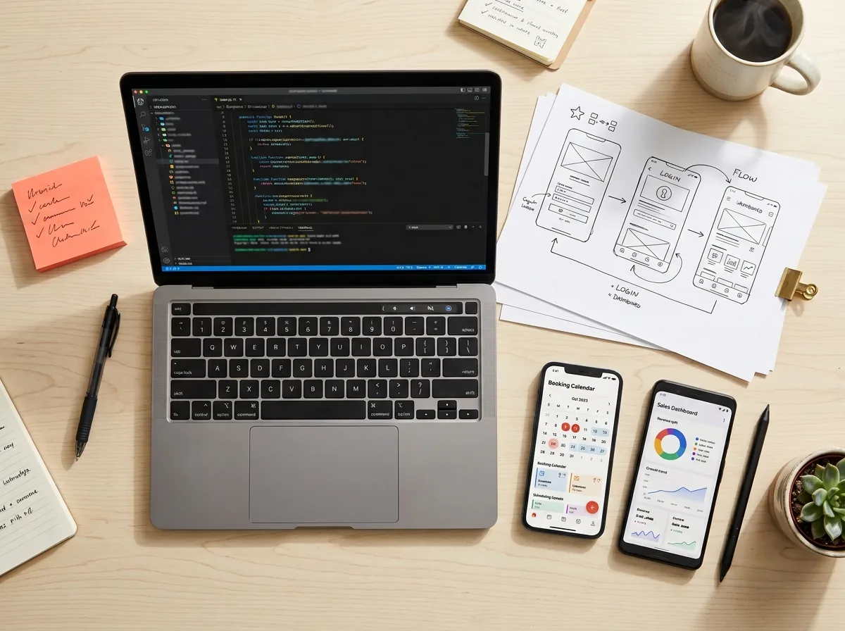 Mobile web app development process with wireframes, code and smartphone app screens