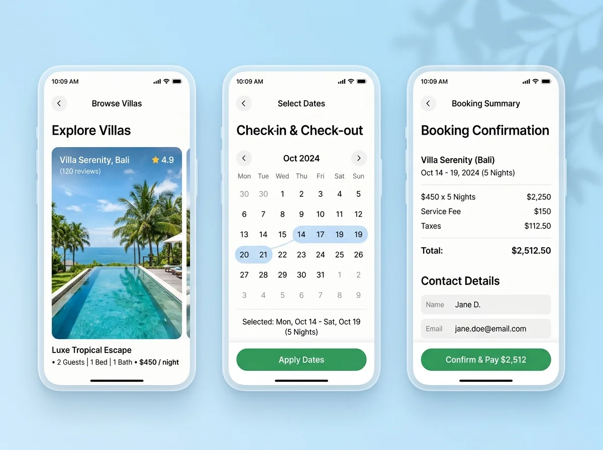 Villa & Hotel Booking App mobile web app design