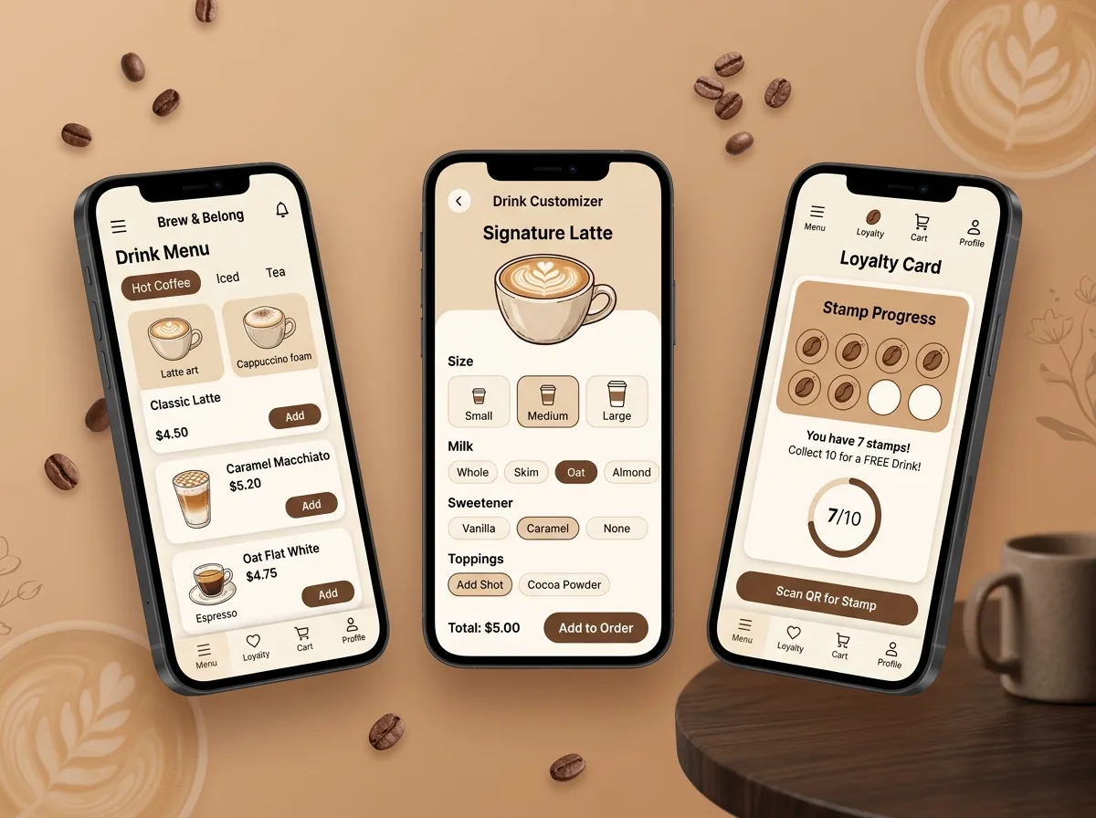Coffee Shop Order & Loyalty App – mobile web application UI design